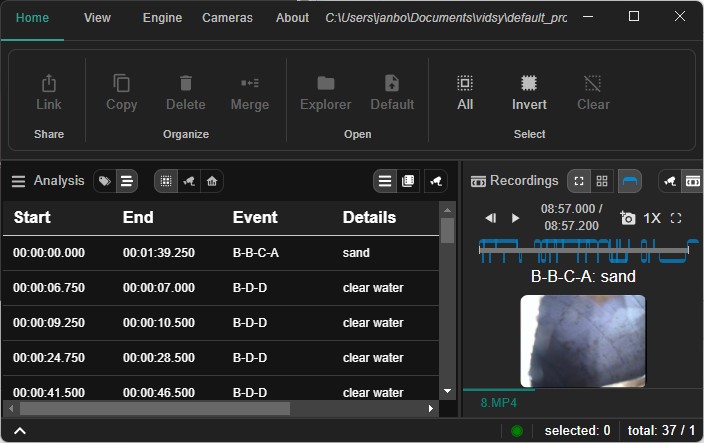 Screenshot of events in timeline