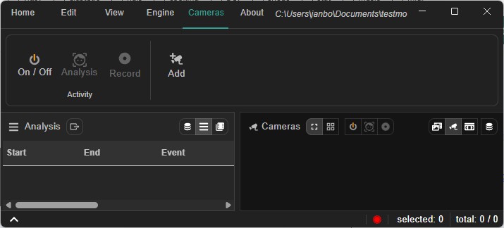 Screenshot placeholder: the Cameras tab menu bar showing Activity, Recording, and Add Camera Camera menu bar