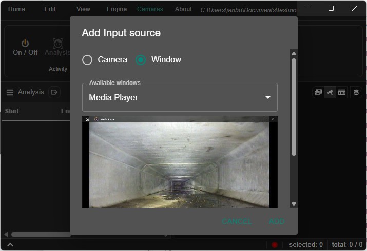 Screenshot placeholder: Add Input Source dialog with Camera and Window options Add input source dialog