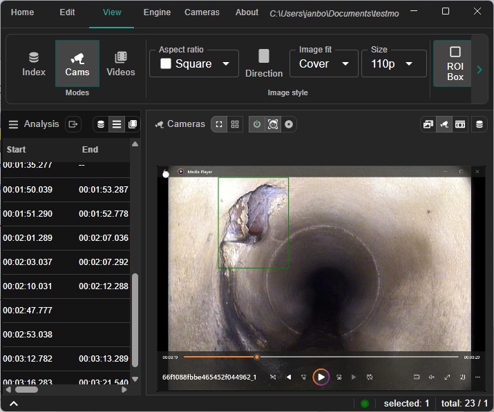 Screenshot placeholder: live camera feed with overlayed bounding boxes and measurements Live analysis overlay